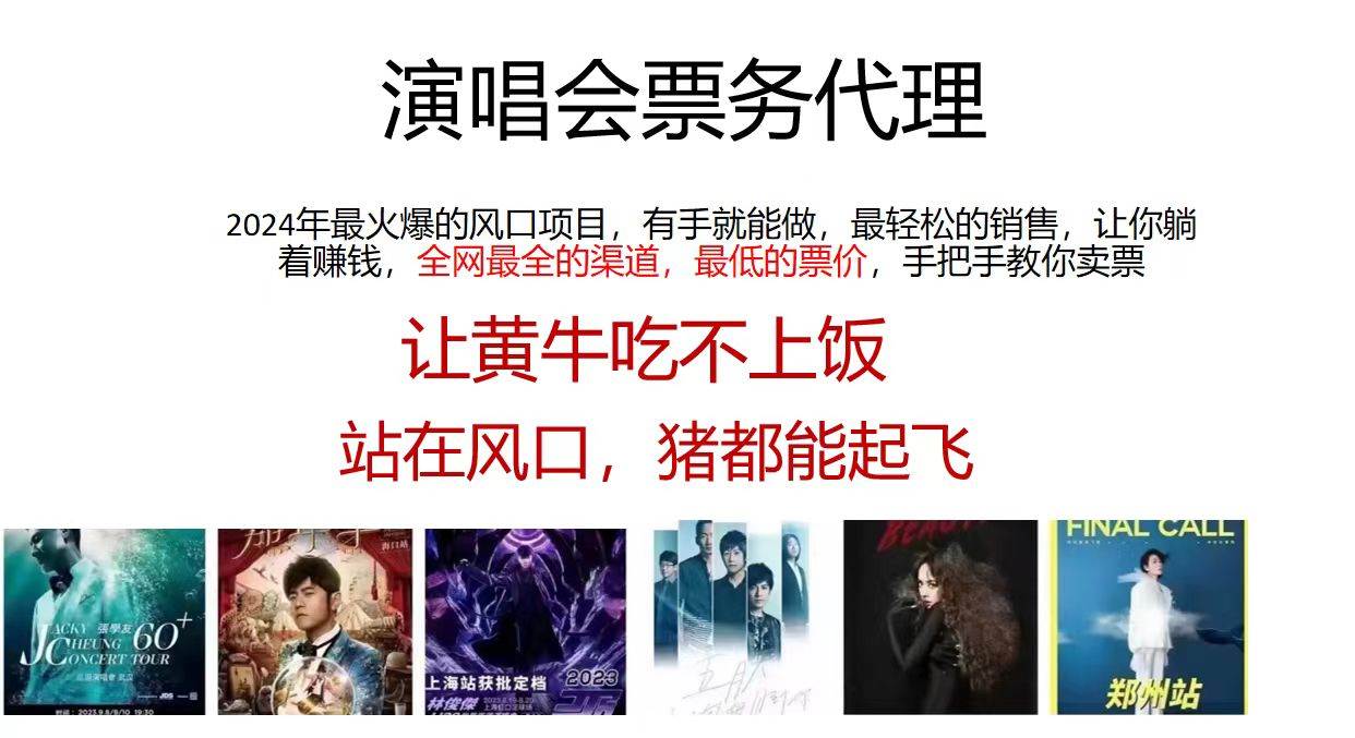 演唱会全网最低票务代理，小白一分钟上手，手把手教你卖票，日入2000+…-91搞钱