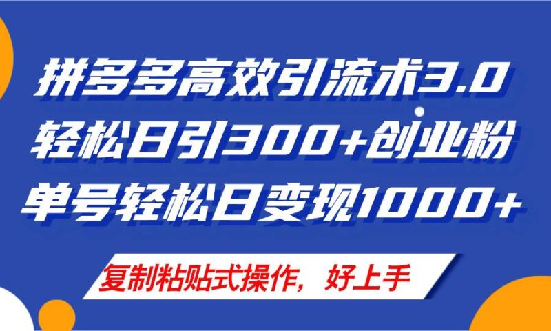 拼多多店铺引流技术3.0，日引300+付费创业粉，单号轻松日变现1000+-91搞钱