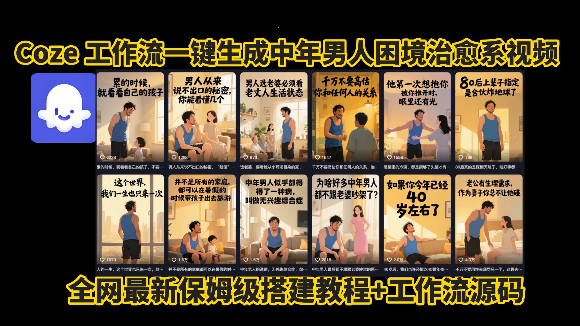 coze工作流一键生成，中年男人困境扎心高涨粉高播放量图文视频，保姆级拆解教程，无需剪辑，无需拍摄写文案智能体拆解教程-91搞钱